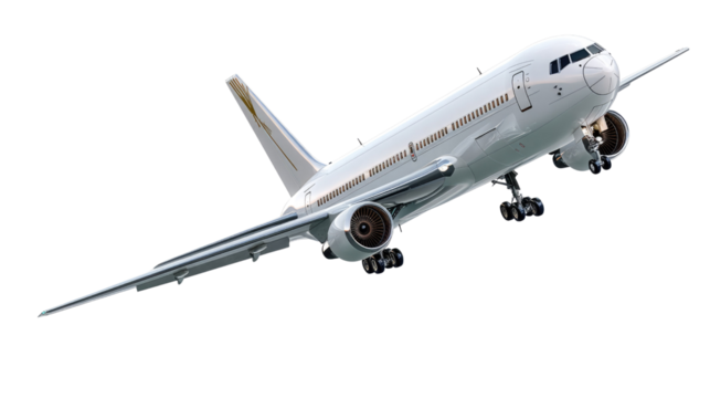 Boeing 767 Taking Off: A white Boeing 767 airplane soars against a pristine white background, its wings outstretched and powerful engines propelling it skyward.
