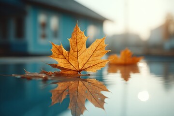 Obraz premium Golden maple leaves float on calm water during a serene autumn sunset in a tranquil setting