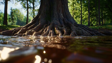 Fototapeta premium Sunlight on Forest Tree Roots in Shallow Water