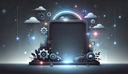 Futuristic May Day-themed frame with glowing gear elements, hard hat icons, clouds, and digital lights. Center space is blank for text or design insertion. Dark elegant tech background.
