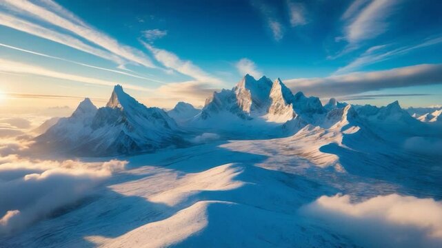 Bird's-eye view of frigid, snowy tundra terrain featuring stunning mountain summits.