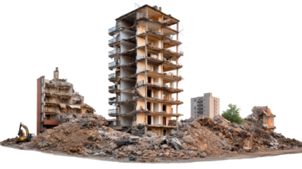 Demolished Building Amidst Debris: The image captures the stark reality of demolition, showcasing a building in various stages of destruction, surrounded by a pile of debris.