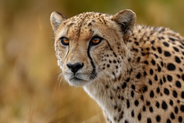 A focused cheetah, detailed with striking spots, intently surveys the savanna in a high-resolution portrait suitable for wildlife advertising.