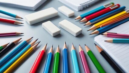 A vibrant assortment of colorful pencils and erasers are neatly arranged on a soft grey surface, accompanied by notebooks.