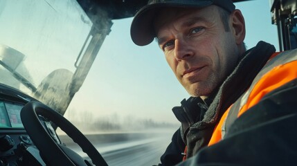 Road paver operator adjusting machine settings on a freshly laid highway. Featuring technical expertise and roadwork