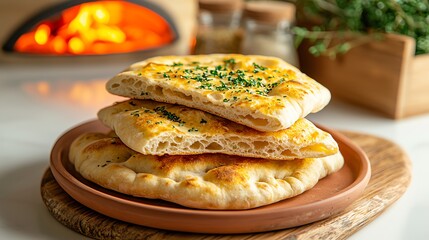 Freshly baked flatbreads stacked on a plate, garnished with herbs.