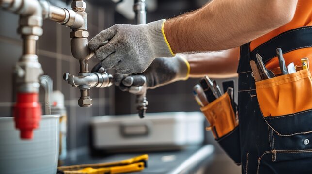 Plumber fixing pipes in a commercial kitchen during renovation. Featuring expertise and problem-solving