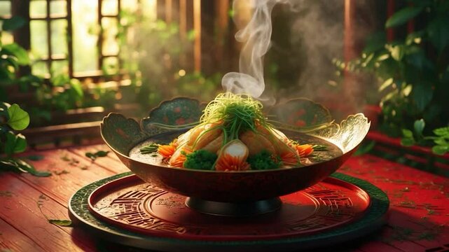 Asian cuisine table arrangement on mat