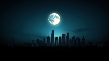 Silhouetted city skyline at night under a full moon