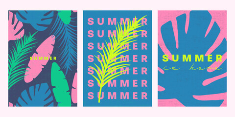 Retro summer poster collection with bold typography, tropical leaves and vibrant neon palette in pink, blue and lime green for wall art, cards, flyers, invitations, backgrounds, seasonal designs, etc.