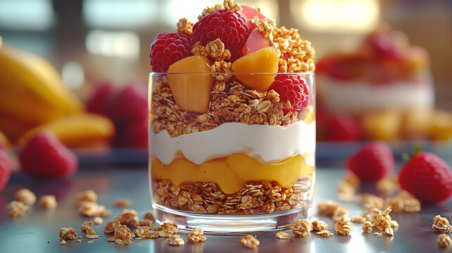 Delicious parfait with yogurt, granola, and fresh fruits like raspberries and peaches, creating vibrant and healthy dessert option. Perfect for breakfast or snack