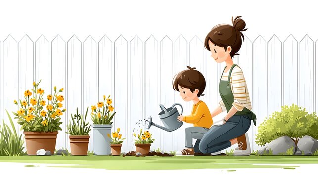 Mother teaching child to plant flowers in backyard garden