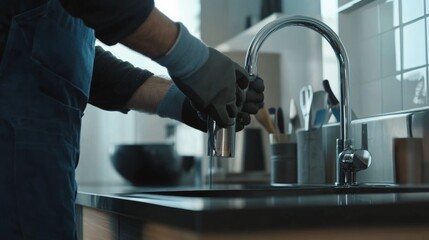 Plumber installing a drainpipe under a kitchen sink. Featuring expertise and problem-solving