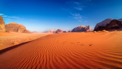 Naklejka premium wadi rum s vibrant red sands with clear blue sky a captivating landscape showcasing the unique desert terrain and striking color contrast