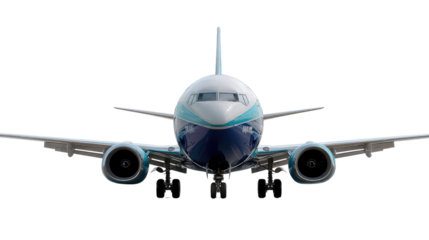 Boeing 737 Front View: A Boeing 737 airplane, a common sight in the skies, captured in a front view, ready for takeoff, showcasing its powerful engines and sleek aerodynamic design.