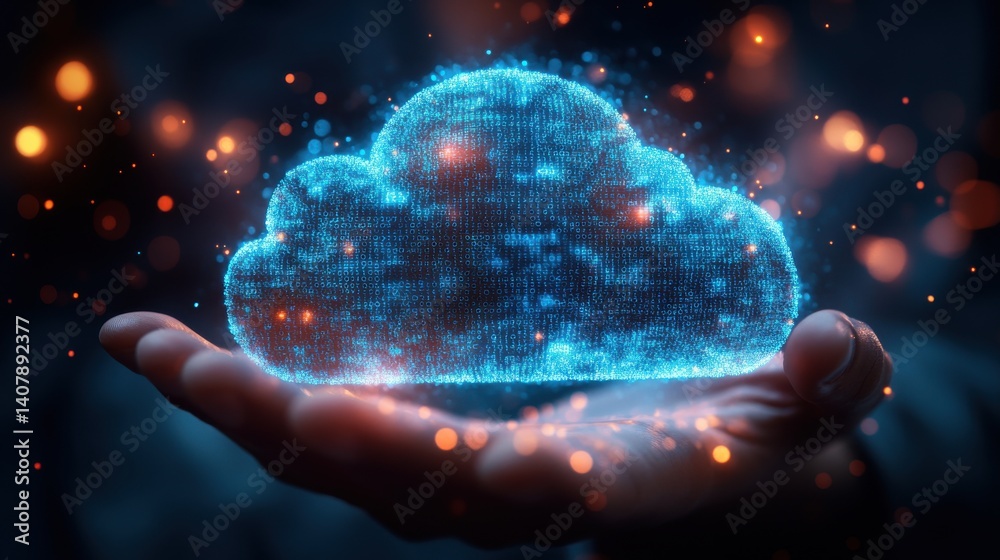 Poster close up of businessman hand holding glowing blue digital cloud,binary code on dark blurry bokeh background,mock up place computing,coding concept,photo stock