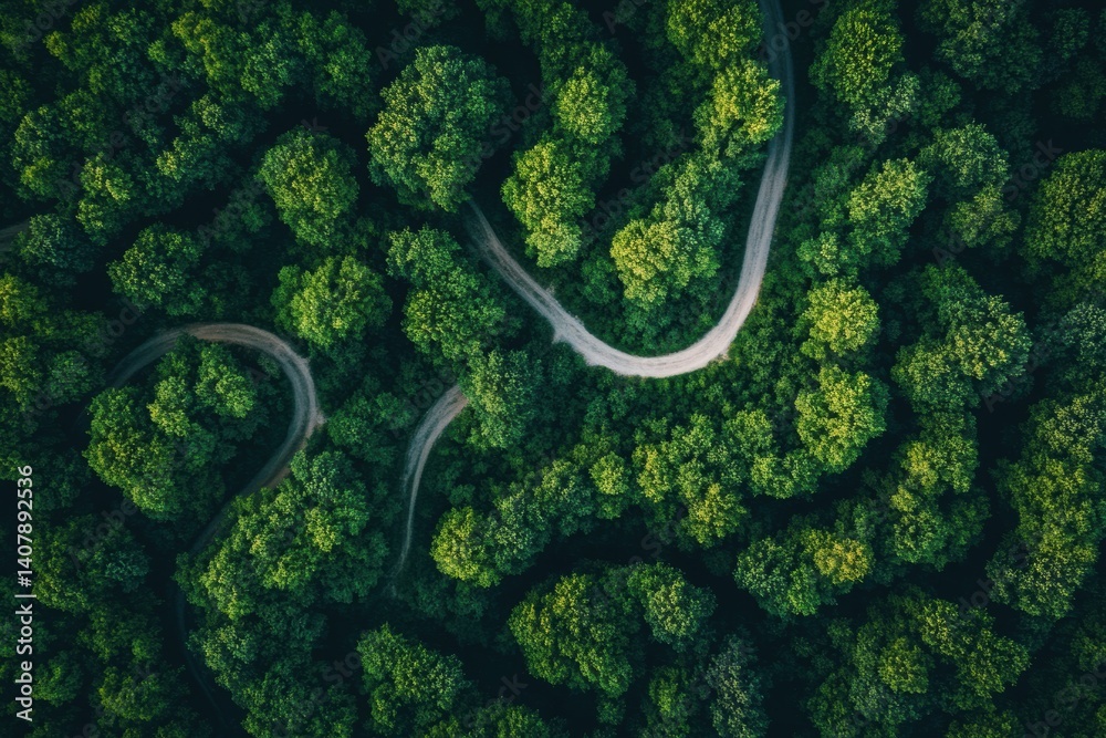 Fototapete exploring a natural maze of winding paths in a lush forest from a top-down perspective