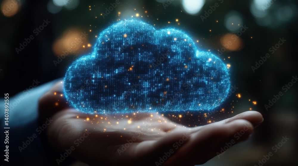 Poster close up of businessman hand holding glowing blue digital cloud,binary code on dark blurry bokeh background,mock up place computing,coding concept,stock photo