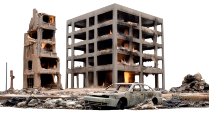 Destruction: Debris, Fire, and Destruction: A striking scene of destruction featuring a ruined building and a car amidst the remains, capturing the aftermath of a tragic event.