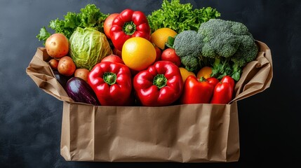 close up of shopping paper bag full,fruit,vegetables isolated on transparent background,stock photo