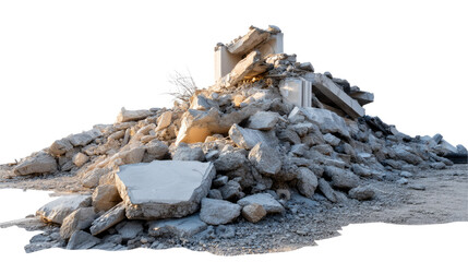 Debris Pile: An architectural remnant lies scattered, a pile of rubble and ruin under an expansive, sunlit sky, its texture and material exposed in detail.