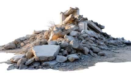 Debris Pile: An architectural remnant lies scattered, a pile of rubble and ruin under an expansive, sunlit sky, its texture and material exposed in detail.