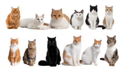 A Variety of Feline: a studio shot captures a collection of different cats of various breed and color, each displaying its unique personality, embodying the delightful diversity of feline companion