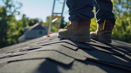 Roofing laborer applying new shingles on a residential roof. Featuring accuracy and safety