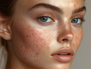 Fototapeta premium Close up of woman face showing freckles, clear skin, and blue eyes, highlighting natural beauty and texture. image captures serene expression and soft lighting
