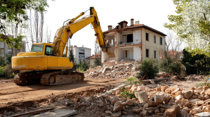 Fototapeta premium Demolition in Progress: A yellow excavator with its powerful arm raised high, tears down a dilapidated residential building in a bustling urban environment.