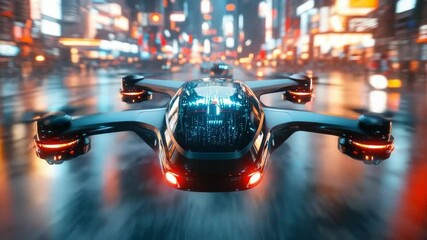 Futuristic flying cars navigating above a high-tech city skyline at night, glowing with neon lights and digital interfaces, representing advanced urban mobility, smart transportation, and innovation - Powered by Adobe