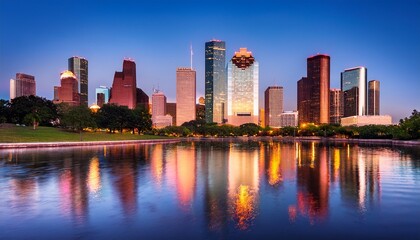 Fototapeta premium houston texas usa downtown skyline at dusk with beautiful city lights reflection on calm water