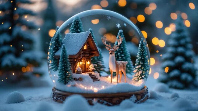 An alluring snow globe showcases a snug log lodge surrounded by a fairy tale landscape.