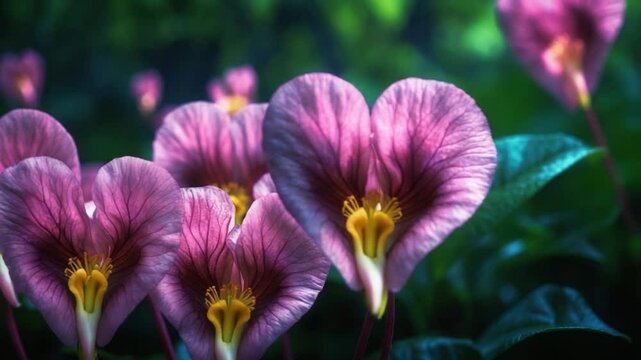 Close-up of Asian bleeding-heart flower against a dark green park background