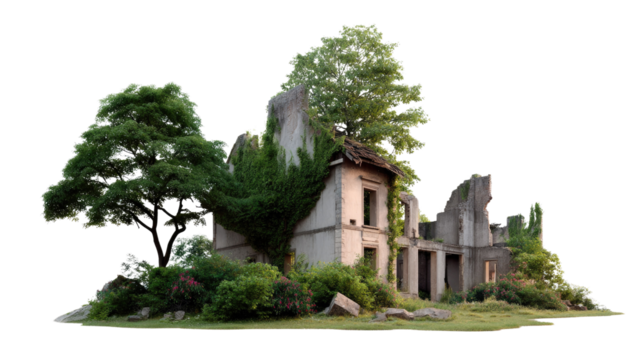 The Ruined Manor: Overgrown vegetation envelops the weathered facade of a derelict manor, hinting at stories of a forgotten past. The image is a study in decay, resilience.