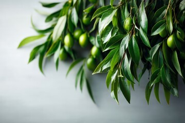 Naklejka premium Fresh green leaves with unripe fruit hanging on branches in a natural setting during daylight