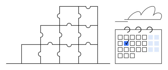 Puzzle stack forming a pyramid beside a calendar highlighting a specific date with a cloud above. Ideal for planning, organization, teamwork, time management, scheduling, strategy, productivity. Flat