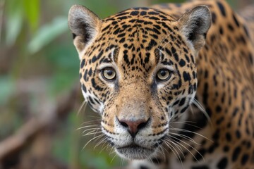 Obraz premium A powerful jaguar stares intensely from a lush jungle setting, showcasing intricate spotted markings and conveying a sense of raw, untamed beauty.