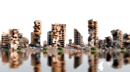 Wreckage Reflections: a desolate cityscape of destroyed buildings in a post-apocalyptic environment reflected on the water surface. evoking a sense of loss, destruction and ruin.
