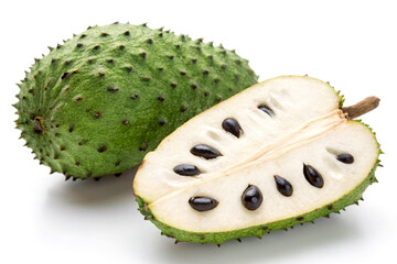 Fresh Soursop (Graviola) Whole and Sliced on white background