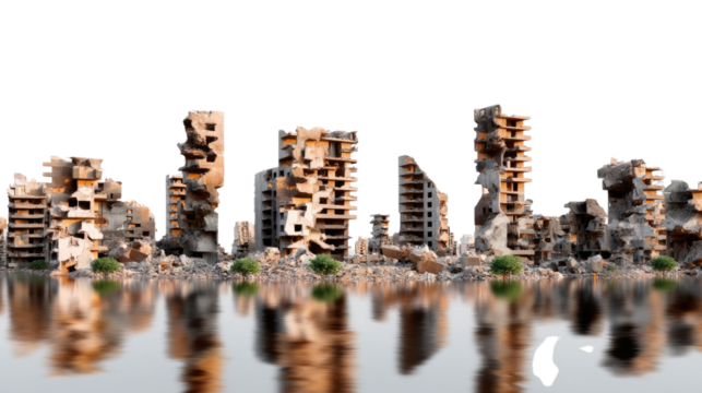 Wreckage Reflections: a desolate cityscape of destroyed buildings in a post-apocalyptic environment reflected on the water surface. evoking a sense of loss, destruction and ruin.