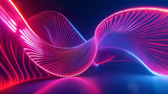 Abstract glowing neon lines form a dynamic, swirling pattern against a dark backdrop.  Intricate, reflective structure evokes futuristic, digital energy