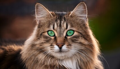 Naklejka premium a stunning portrait of a long haired feline with striking green eyes showcasing a blend of softness and detail in its fur