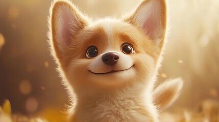 Obraz premium A chubby puppy with oversized ears, soft golden fur, and a wagging tail that seems to blur with motion as it looks up with big, hopeful eyes.