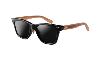 Stylish Sunglasses: A close-up view presents a modern pair of sunglasses, featuring a sleek black frame complemented by elegant wooden arms. The sunglasses are positioned against a plain backdrop.