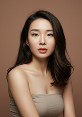 Fototapeta premium Portrait of a Beautiful Young Asian Woman with Clear Skin and Long Brown Hair, Wearing a Beige Tube Top Against a Muted Brown Background - Perfect for Beauty, Fashion, and Skincare Advertising