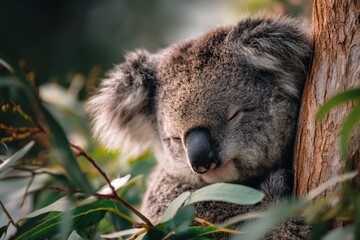 Obraz premium A sleepy koala clings to a eucalyptus branch, showcasing detailed fur and a peaceful expression, ideal for wildlife-themed visuals.