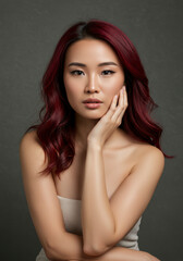 Naklejka premium Stunning Asian Woman with Red Hair and Flawless Skin: Beauty, Fashion, and Cosmetics Stock Photo