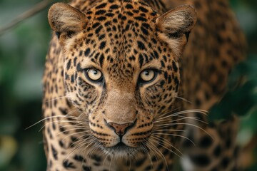Obraz premium A focused leopard stares intently from dense jungle foliage, displaying intricate spotted markings and a powerful, predatory presence.