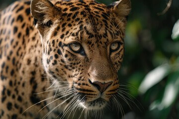 Fototapeta premium A powerfully built leopard stares intently from a dense jungle, showcasing intricate spotted patterns and conveying a sense of raw, wild beauty.